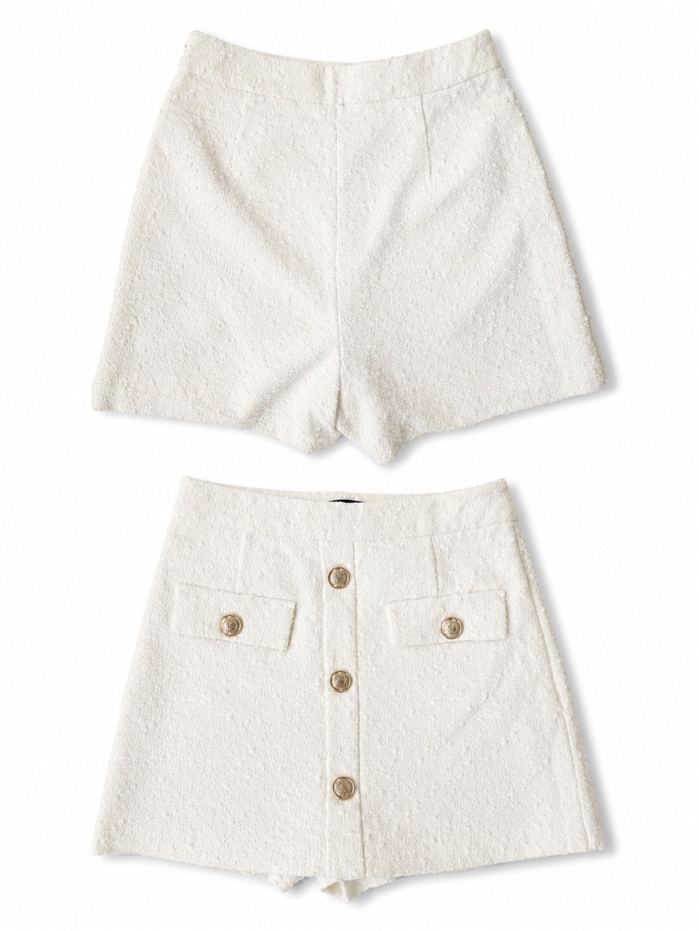 Zara Cream High-Waist Tweed Shorts with Button Front